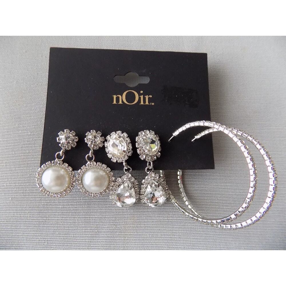 Set of 3 nOir earrings rhinestone pierced dangle hoops NEW